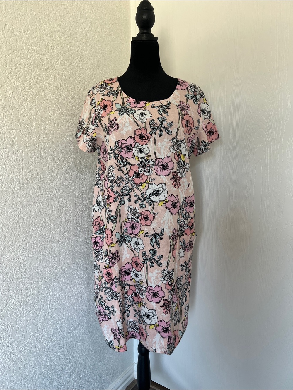 For Cynthia Pink Floral Midi Dress with White & Yellow Accents